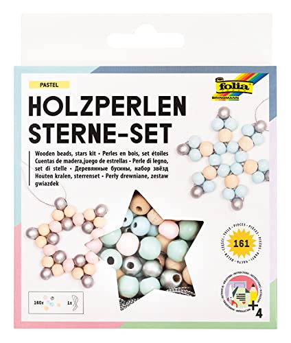 folia 22522 - Holz-Perlen Sterne Set "Pastel", Bastelset mit 160 Holzkugeln und einer silbernen Schnur zum Auffädeln, zum Basteln von Sternen und Anhängern von folia