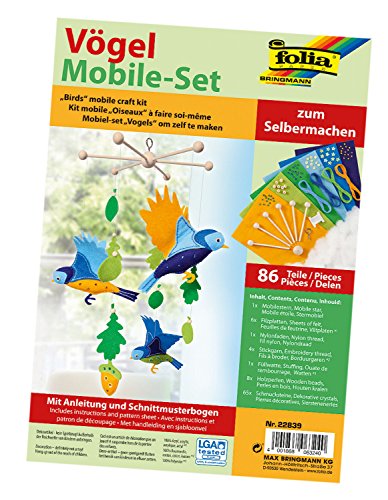 folia 22839 - Mobile Set Vögel zum Selbermachen, mit 86 Teilen, Anleitung und Schnittmusterbogen - Komplettset zur Erstellung eines Mobiles von folia