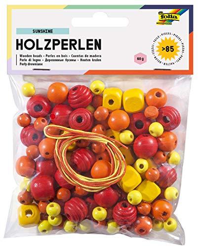folia 22971 - Holzperlen, Sunshine-Mix, gelb/rot, 60 g entspricht bis zu 85 Teilen, in verschiedenen Farben und Formen, zum Basteln von Ketten und Armbändern, inklusive 2 Schnüre je ca. 85 cm von folia