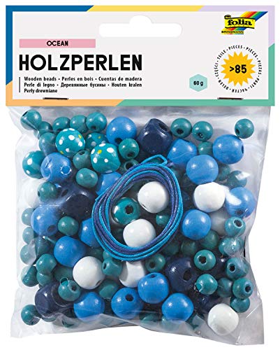 folia 22972 - Holzperlen, Ocean-Mix, blau/türkis, 60 g entspricht bis zu 85 Teilen, in verschiedenen Farben und Formen, zum Basteln von Ketten und Armbändern, inklusive 2 Schnüre je ca. 85 cm folia 22972 - Holzperlen, Ocean-Mix, blau/türkis, 60 g entspricht bis zu 85 Teilen, in verschiedenen Farben und Formen, zum Basteln von Ketten und Armbändern, inklusive 2 Schnüre je ca. 85 cm von folia
