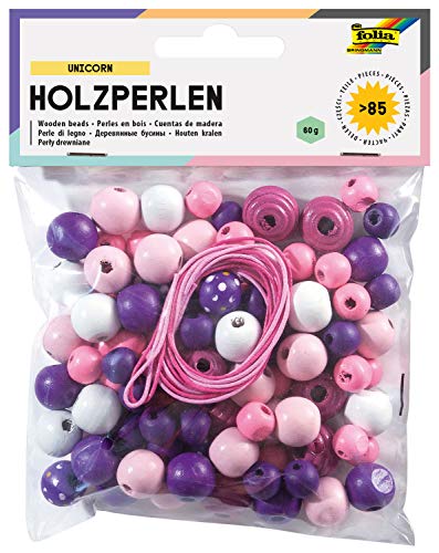 folia 22973 - Holzperlen, Unicorn-Mix, lila/pink, 60 g entspricht bis zu 85 Teilen, in verschiedenen Farben und Formen, zum Basteln von Ketten und Armbändern, inklusive 2 Schnüre je ca. 85 cm von folia