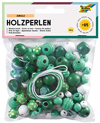 folia 22974 - Holzperlen, Jungle-Mix, grün/weiß, 60 g entspricht bis zu 85 Teilen, in verschiedenen Farben und Formen, zum Basteln von Ketten und Armbändern, inklusive 2 Schnüre je ca. 85 cm von folia