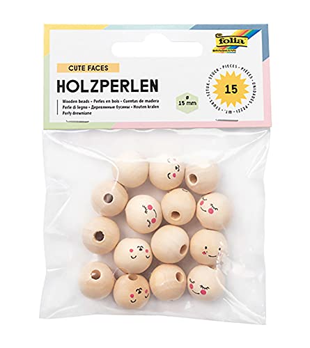 folia 22981 - Holzperlen Cute Faces, 15 runde Holzkugeln mit lustigen Gesichtern bedruckt, sortiert in 3 Motiven, natur, Durchmesser 15 mm, zum Auffädeln für Ketten oder zum Basteln von Figuren folia 22981 - Holzperlen Cute Faces, 15 runde Holzkugeln mit lustigen Gesichtern bedruckt, sortiert in 3 Motiven, natur, Durchmesser 15 mm, zum Auffädeln für Ketten oder zum Basteln von Figuren von folia