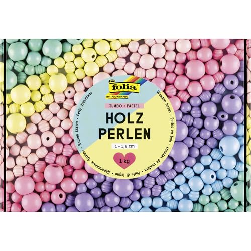 folia 22993 - Holzperlen JUMBO PASTEL, 1 kg Bastelperlen aus Holz in 6 Pastellfarben, ca. 2000 Holzkugeln mit Ø 1 - 1,8 cm von folia