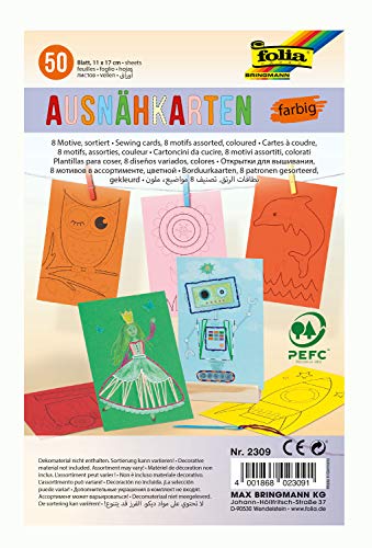 folia 2309 - Ausnähkarten farbig sortiert mit 8 Motiven einseitig bedruckt, 50 Blatt, ca. 11 x 17 cm, zum Ausmalen und Ausnähen, ideal für Kinder, Jungen und Mädchen, zum Einstieg in die Handarbeit folia 2309 - Ausnähkarten farbig sortiert mit 8 Motiven einseitig bedruckt, 50 Blatt, ca. 11 x 17 cm, zum Ausmalen und Ausnähen, ideal für Kinder, Jungen und Mädchen, zum Einstieg in die Handarbeit von folia