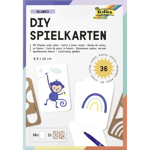 folia 2327 - DIY Spielkarten BLANKO, 36 Stück ca. 6,5 x 10 cm, Spielkarten-Set mit leeren Karten in Weiß, 2 Schablonen aus Kraftpappe und einer Vorlage, Kartenspiel zum selber gestalten folia 2327 - DIY Spielkarten BLANKO, 36 Stück ca. 6,5 x 10 cm, Spielkarten-Set mit leeren Karten in Weiß, 2 Schablonen aus Kraftpappe und einer Vorlage, Kartenspiel zum selber gestalten von folia