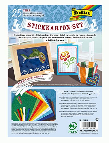 folia 23419 - Stickkarton - Set, 25 Teile, mit Stickkarton, Sticknadeln, Stickgarn und Anleitung von folia