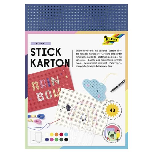 folia 2347 - Stickkarton, 17,5 x 24,5 cm, 40 Blatt, farbig sortiert - ideal für Stickübungen von folia