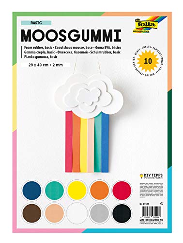 folia 23509 - Moosgummi, 10 Bögen in 10 Farben sortiert, 2 mm, ca. 29 x 40 cm - ideal für vielfältige Bastelarbeiten von folia