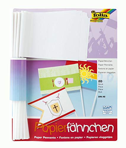 folia 2371 - Papierfähnchen, DIN A6, Stablänge 30 cm, 20 Stück, weiß - zum bemalen, bekleben und verzieren von folia