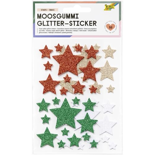folia 23775 - Moosgummi Glitter-Sticker STARS XMAS, 50 Stück in 4 verschiedenen Farben, Stern Aufkleber zum Verzieren und Dekorieren folia 23775 - Moosgummi Glitter-Sticker STARS XMAS, 50 Stück in 4 verschiedenen Farben, Stern Aufkleber zum Verzieren und Dekorieren von folia