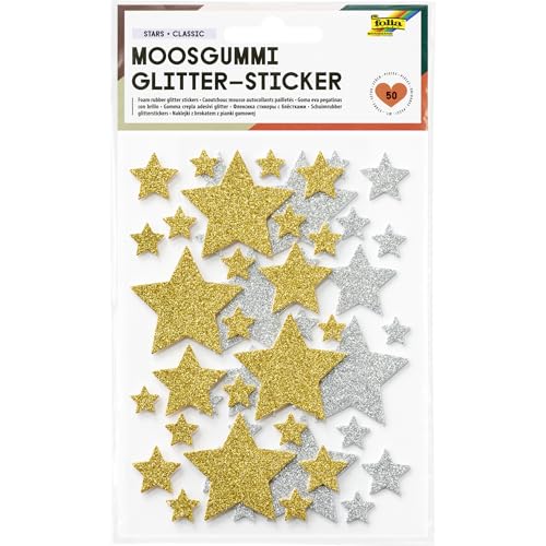 folia 23777 - Moosgummi Glitter-Sticker STARS CLASSIC, 50 Stück in Gold und Silber, Aufkleber in 4 Größen zum Verzieren und Dekorieren folia 23777 - Moosgummi Glitter-Sticker STARS CLASSIC, 50 Stück in Gold und Silber, Aufkleber in 4 Größen zum Verzieren und Dekorieren von folia