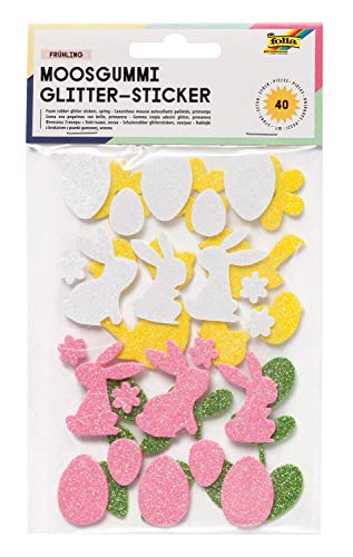 folia 23781 - Moosgummi Glitter Sticker, Frühling, sortiert in weiß, rosa, gelb und grün, verschiedene Motive, 40 Stück - Ideal zum Verzieren und Dekorieren von Grußkarten usw. von folia