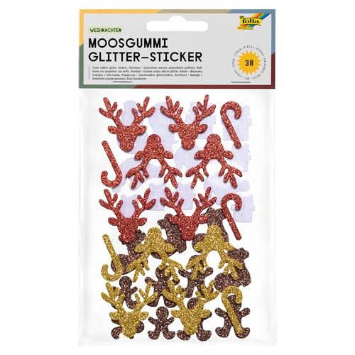 folia 23784 - Moosgummi Glitter Sticker, Weihnachten I, sortiert in rot, gold, weiß und braun, verschiedene Größen, 38 Stück - Ideal zum Verzieren und Dekorieren von Grußkarten usw. von folia