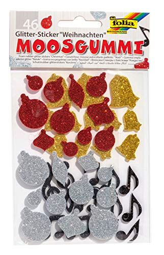 folia 23785 - Moosgummi Glitter Sticker, Weihnachten II, sortiert in rot, silber, gold und schwarz, verschiedene Größen, 46 Stück - Ideal zum Verzieren und Dekorieren von Grußkarten usw. von folia