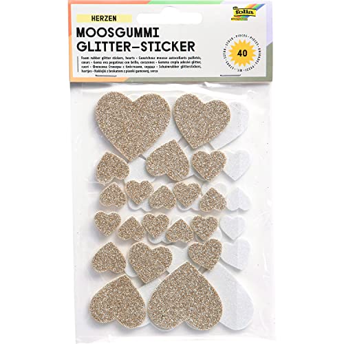 Moosgummi Glitter Sticker, Herzen, weiß und gold sortiert in verschiedenen Größen, 40 Stück von folia