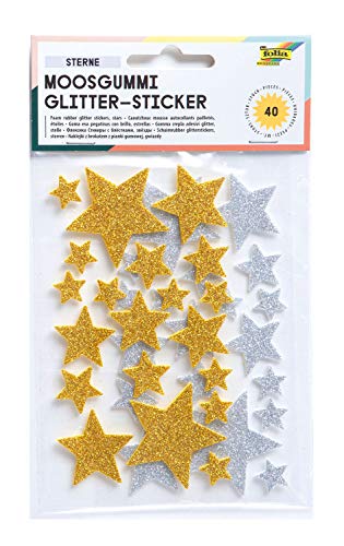 folia 23792 - Moosgummi Glitter Sticker, Sterne, sortiert in silber und gold, verschiedene Größen, 40 Stück - Ideal zum Verzieren und Dekorieren von Grußkarten usw. von folia