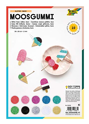 folia 239109 - Moosgummi Glitter, 2 mm, ca. 20 x 29 cm, 10 Bögen, sortiert in 10 Glitzerfarben, nicht selbstklebend - ideal für vielseitige Bastelarbeiten von folia