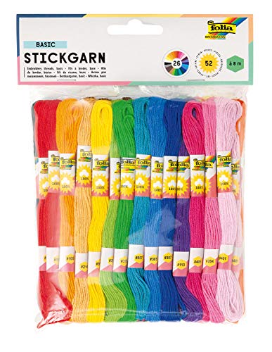 folia 23991 - Stickgarn Basic, 100 % Baumwolle, 52 Docken à 8 m in 26 Farben sortiert, zum Sticken, Knüpfen und Basteln von folia