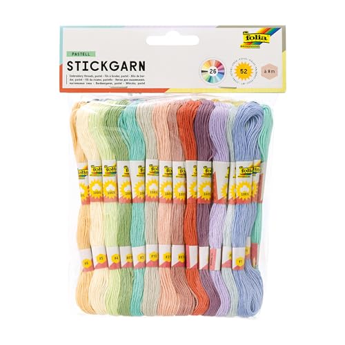 folia 23993 - Stickgarn Pastell, 100 % Baumwolle, 52 Docken à 8 m in 26 Farben sortiert, zum Sticken, Knüpfen und Basteln von folia
