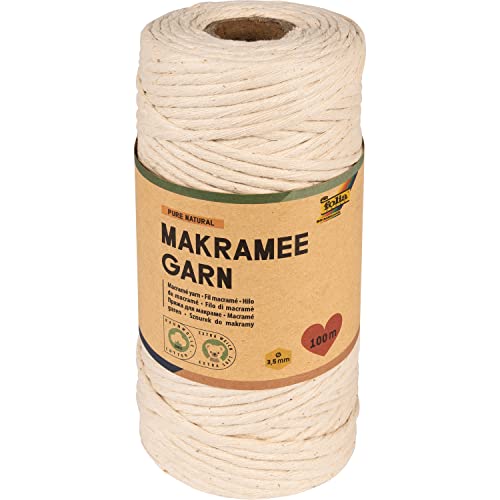 folia 24991 - Makramee Garn Pure Natural, 100 % Baumwolle, 100 m gedrehtes Garn in Natur hell, Durchmesser 3,5 mm, zum Basteln und Knüpfen von folia