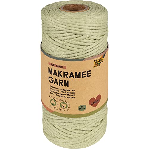 folia 24992 - Makramee Garn Soft Green, 100 % Baumwolle, 100 m gedrehtes Garn in weichem Grün, Durchmesser 3,5 mm, zum Basteln und Knüpfen von folia