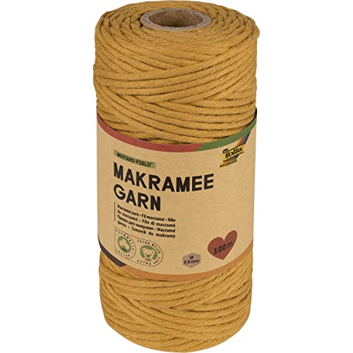 folia 24993 - Makramee Garn Mustard Field, 100 % Baumwolle, 100 m gedrehtes Garn in Senfgelb, Durchmesser 3,5 mm, zum Basteln und Knüpfen von folia