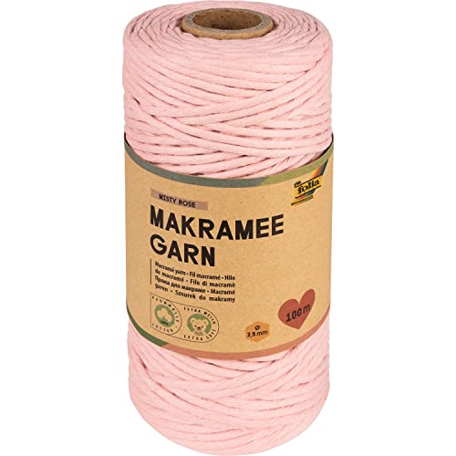folia 24994 - Makramee Garn Misty Rose, 100 % Baumwolle, 100 m gedrehtes Garn in Altrosa, Durchmesser 3,5 mm, zum Basteln und Knüpfen von folia