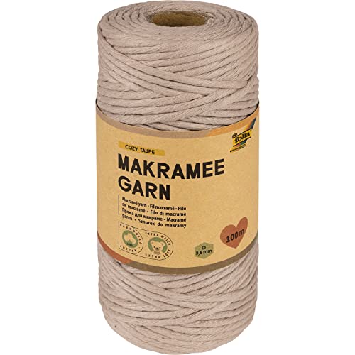 folia 24995 - Makramee Garn Cozy Taupe, 100 % Baumwolle, 100 m gedrehtes Garn in Taupe, Durchmesser 3,5 mm, zum Basteln und Knüpfen von folia