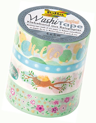 folia 26435 - Washi Tape, Klebeband aus Reispapier, Hotfoil Frühjahr I, 4er Set - ideal zum Verzieren und Dekorieren von folia