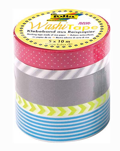 folia 26441 - Washi Tape, Neon gelb, Klebeband aus Reispapier, 5er Set - ideal zum Verzieren und Dekorieren von folia