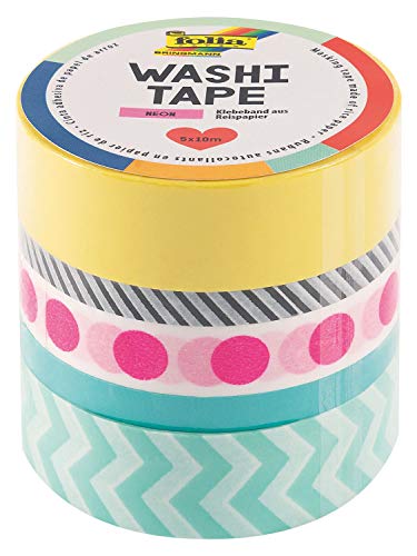 folia 26442 - Washi Tape, Neon pink, Klebeband aus Reispapier, 5er Set - ideal zum Verzieren und Dekorieren von folia