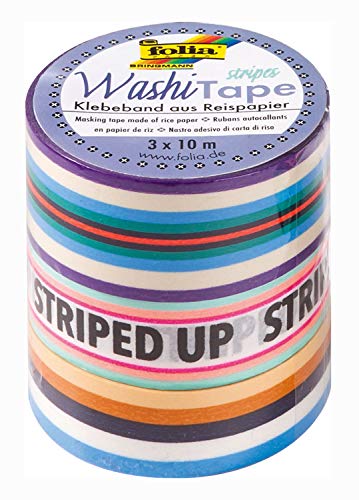 folia 26444 - Washi Tape, Stripes Neon II, Klebeband aus Reispapier, 3er Set - ideal zum Verzieren und Dekorieren von folia