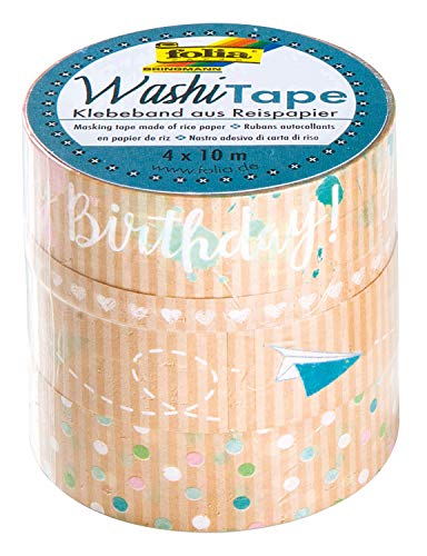 folia 26446 - Washi-Tape, Klebeband aus Reispapier, 4er Set Kraftpapier "Happy Birthday", 3 Rollen 10 m x 15 mm und 1 Rolle 10 m x 5 mm, ideal zum Verzieren und Dekorieren, für Scrapbooking folia 26446 - Washi-Tape, Klebeband aus Reispapier, 4er Set Kraftpapier "Happy Birthday", 3 Rollen 10 m x 15 mm und 1 Rolle 10 m x 5 mm, ideal zum Verzieren und Dekorieren, für Scrapbooking von folia