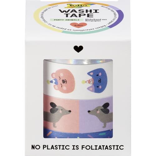 folia 26456 - Washi Tape Party Animals, 4 x 5 m, Klebeband aus Reispapier, Hotfoil in 4 tierischen Designs, zum Basteln, Verzieren und Dekorieren folia 26456 - Washi Tape Party Animals, 4 x 5 m, Klebeband aus Reispapier, Hotfoil in 4 tierischen Designs, zum Basteln, Verzieren und Dekorieren von folia