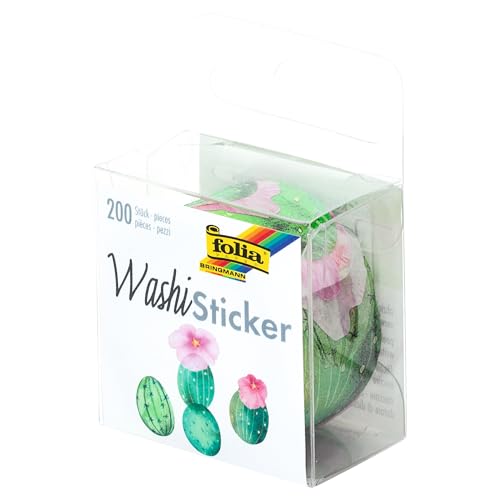 folia 26504 - Washi Sticker, Kakteen, vorgestanzte Formen aus Reispapier, 200 Stück auf Rolle - ideal zum Verzieren und Dekorieren von folia