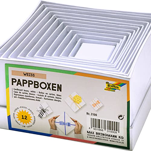 folia 3100 - Geschenkboxen, Pappschachteln aus Karton, quadratisch, weiß, 12 Stück in verschiedenen Größen - optimal zum Verzieren und Verschenken von folia