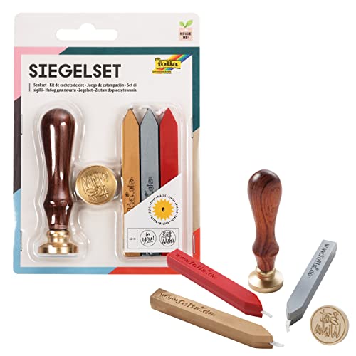 folia 31019 - Siegel Set mit zwei Siegelmotiven, einem Holzgriff und Siegelwachs in 3 Farben, zum stilechten Verzieren von Karten und Einladungen folia 31019 - Siegel Set mit zwei Siegelmotiven, einem Holzgriff und Siegelwachs in 3 Farben, zum stilechten Verzieren von Karten und Einladungen von folia