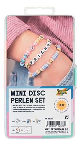 folia 32019 - Mini Disc Perlen Set mit Aufbewahrungsbox, 1.832 Teile, 60x Buchstabenperlen, 1.650x Mini-Disc-Perlen, 60x Smiley-Perlen, 60x Perlen in Gold, 2x Gummiband je 2 m in Weiß & Rosé von folia