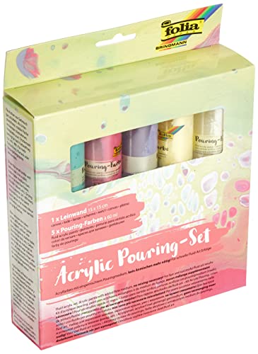 folia 351129 - Acrylic Pouring Set II Pastell, mit 5 Pouring Farben á 60 ml und 1 Leinwand ca. 15 x 15 cm, Acrylfarben mit eingemischtem Pouringmedium von folia