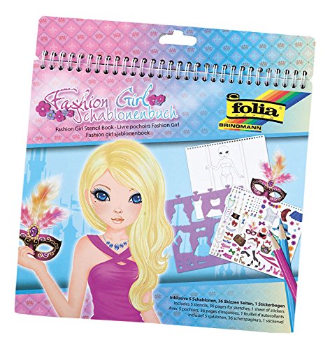 folia 41204 - Schablonenbuch Fashion Girl, Block mit 36 Malvorlagen, 5 Schablonen und 1 Stickerbögen - ideal für Mädchen von folia