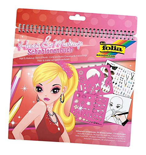 folia 41206 - Schablonenbuch Haar & Make-Up, Block mit 36 Malvorlagen, 5 Schablonen und 1 Stickerbögen - ideal für Mädchen von folia