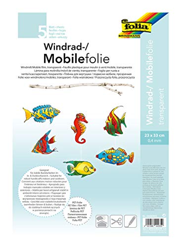 folia 440230/5 - Mobilefolie, Windradfolie, PVC, transparent, 0,4 mm, 23 x 33 cm, 5 Bogen - zum Basteln von Mobiles oder Windrädern von folia