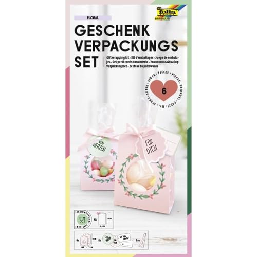 folia 48203 - Geschenkverpackung FLORAL, Verpackungsset für Kekse, Pralinen und andere Süßigkeiten, mit Papiertüten, Kordeln und Anhängern von folia