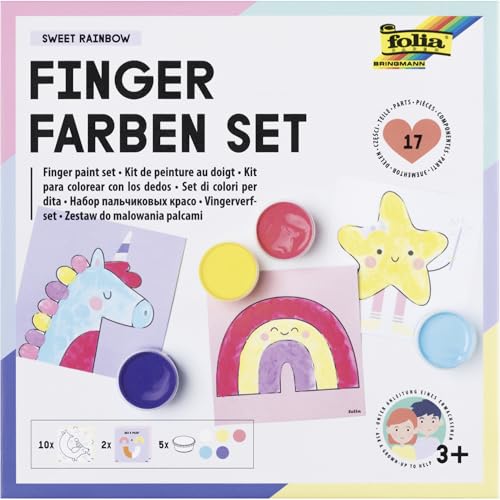 folia 48211 - Fingerfarben Set SWEET RAINBOW, Kreativset mit 5 x 30 ml leuchtender Fingerfarbe, 10 Malvorlagen mit Fantasiemotiven und 2 Mischvorlagen, inkl. Anleitung von folia
