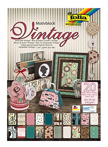 folia 48649 - Motivblock Vintage II, 270 g/qm, ca. 24 x 34 cm, 20 Blatt sortiert in 20 verschiedenen Motiven, zum Basteln und kreativen Gestalten von Karten, Fensterbildern und für Scrapbooking von folia