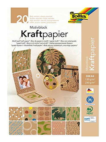 folia 48898 - Motivblock Kraftpapier, DIN A4, 20 Blatt sortiert in 2 Grammaturen (120 und 230 g/m²) und 10 Motiven, zum Basteln und Gestalten von folia