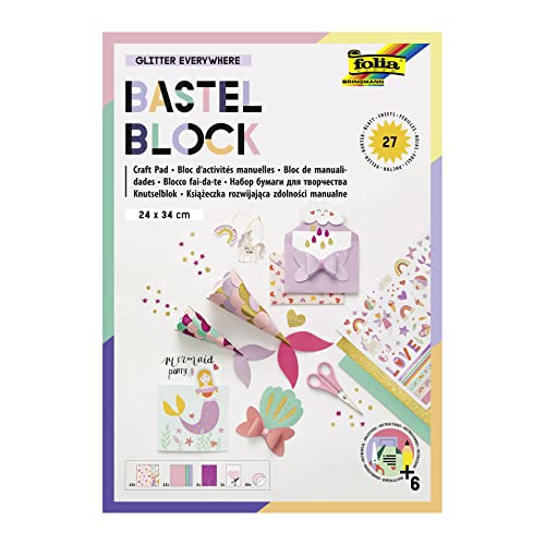 folia 49102 - Bastel-Block "Glitter Everywhere" mit 27 Blatt Bastelpapier im Format 24 x 34 cm, mit bedrucktem Fotokarton, Tonpapier, Glitter-Papier, vorgezeichneten Formen und Stickern folia 49102 - Bastel-Block "Glitter Everywhere" mit 27 Blatt Bastelpapier im Format 24 x 34 cm, mit bedrucktem Fotokarton, Tonpapier, Glitter-Papier, vorgezeichneten Formen und Stickern von folia
