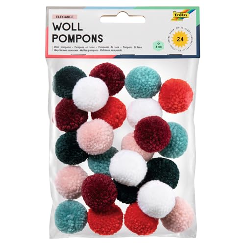 folia 50243 - Woll Pompons, Elegance, 24 Stück, sortiert in 6 Farben, ca. 3 cm Durchmesser, ideal für farbenfrohe Bastelarbeiten von folia