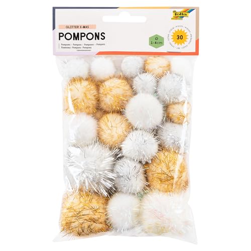 folia 50313 - Pompons "Glitter X-Mas", 30 flauschige Bällchen sortiert in verschiedenen Größen und Farben, ideal für farbenfrohe Bastelarbeiten von folia